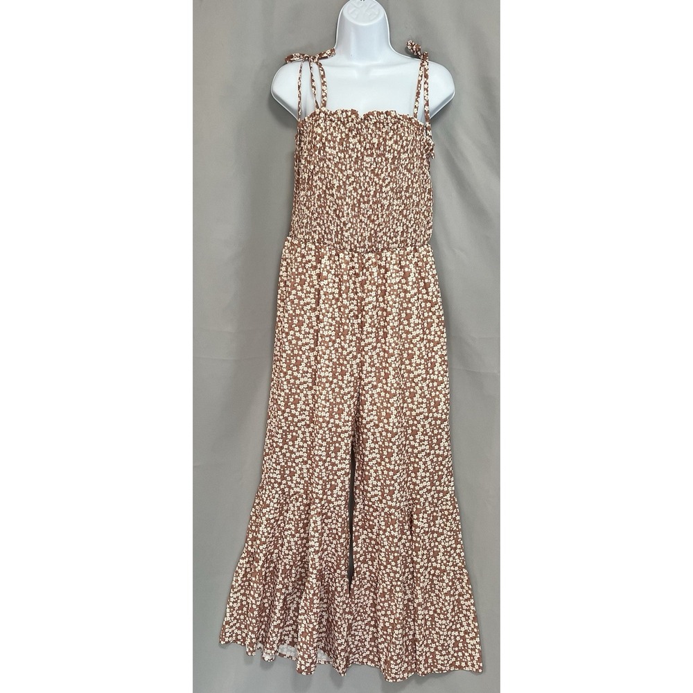 Women's Floral Khaki Thin Straps Smocked Bodice Layered Leg Sz Large Boho